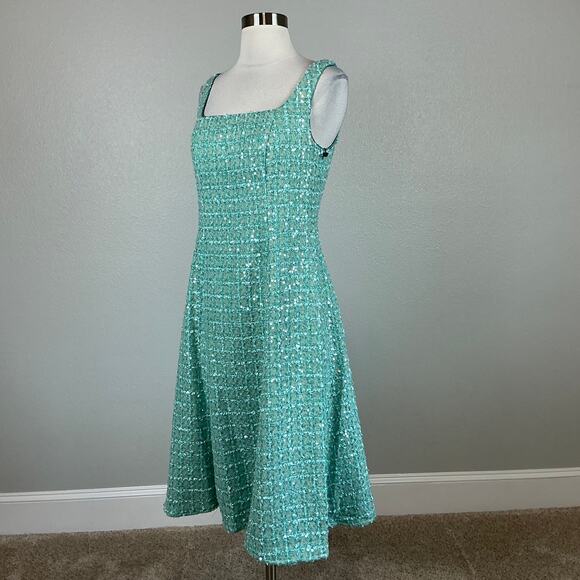 Adrianna Papell Sequined Boucle Fit and Flare Cocktail Dress Green Size 6 Midi - Picture 4 of 14